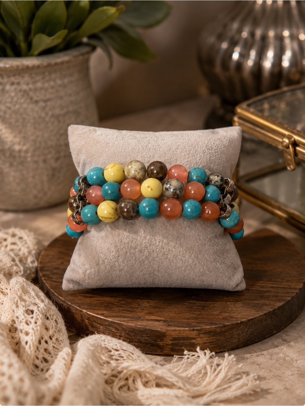 Colorful Multi-Stone Beaded Stretch Bracelet | Artisan Style | 7” Fit